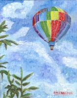 Oil painting of a multicolored hot air balloon
