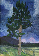 Oil painting of a tree next to a fence near the Caldera in the Jemez Mountains in New Mexico