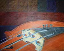 Oil painting of the body of a violin over colored squares