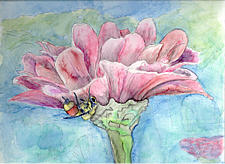 Watercolor painting of a flower with a bee on it, in my sister's garden